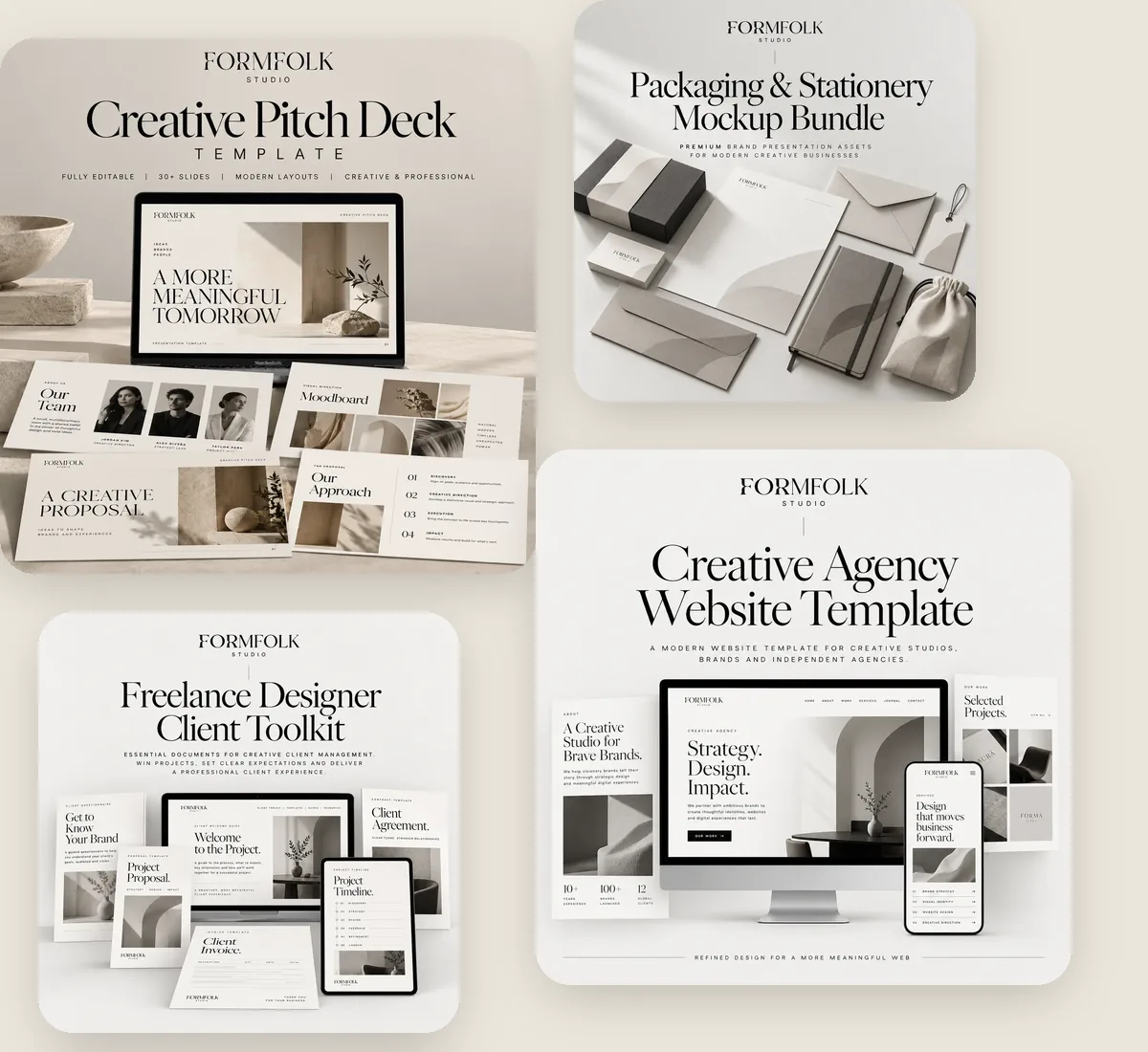 Four FORMFOLK STUDIO resources: a creative pitch deck, a packaging and stationery mockup bundle, a creative agency website template and a freelance designer client toolkit.